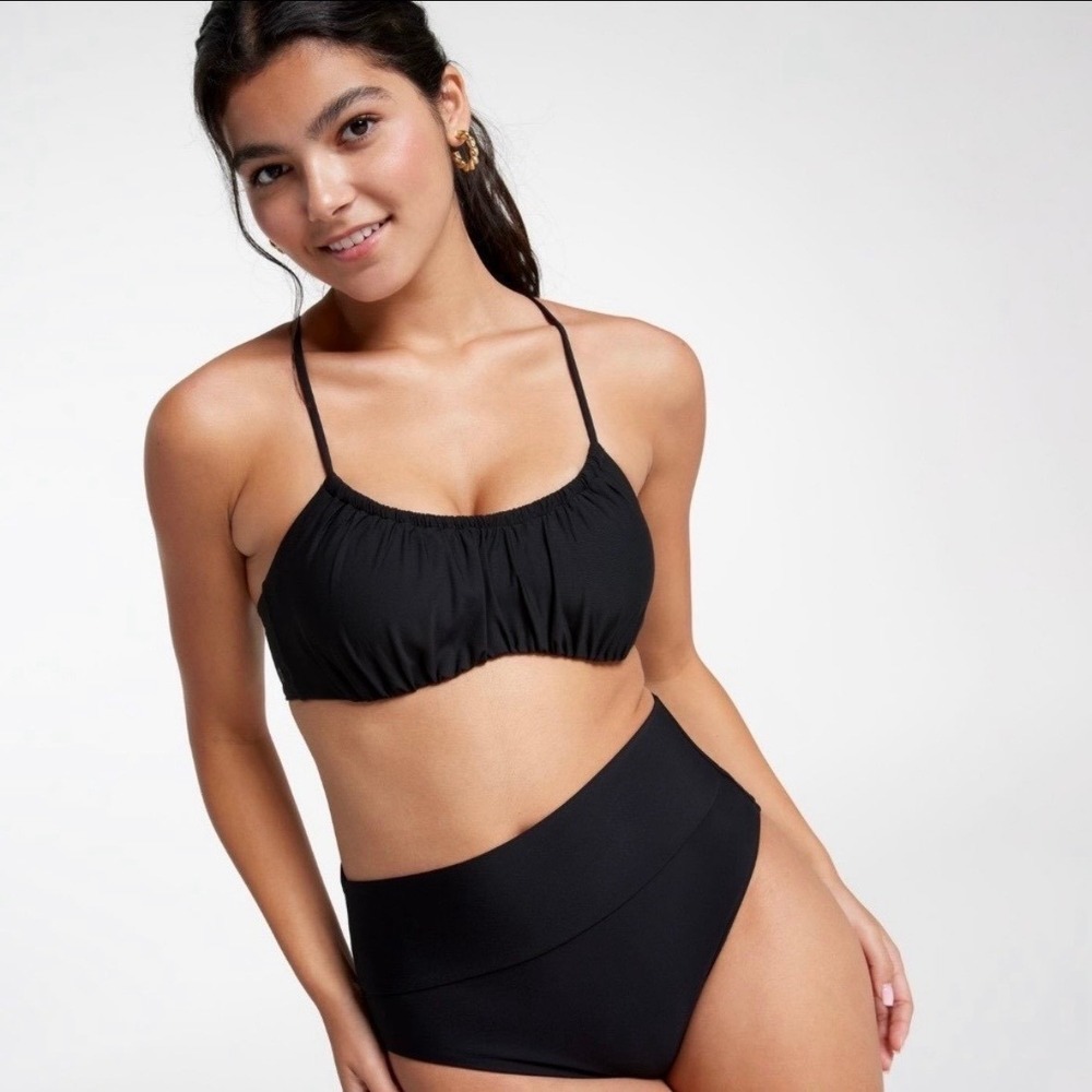 Calia Scrunched Tie Back Bikini Top Pure Black Women's M Low Support Protection